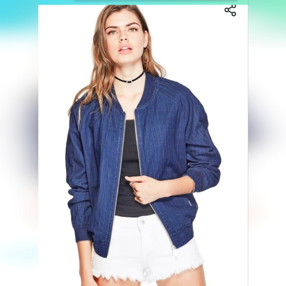 GUESS Indigo Stripe Bomber Jacket Size S